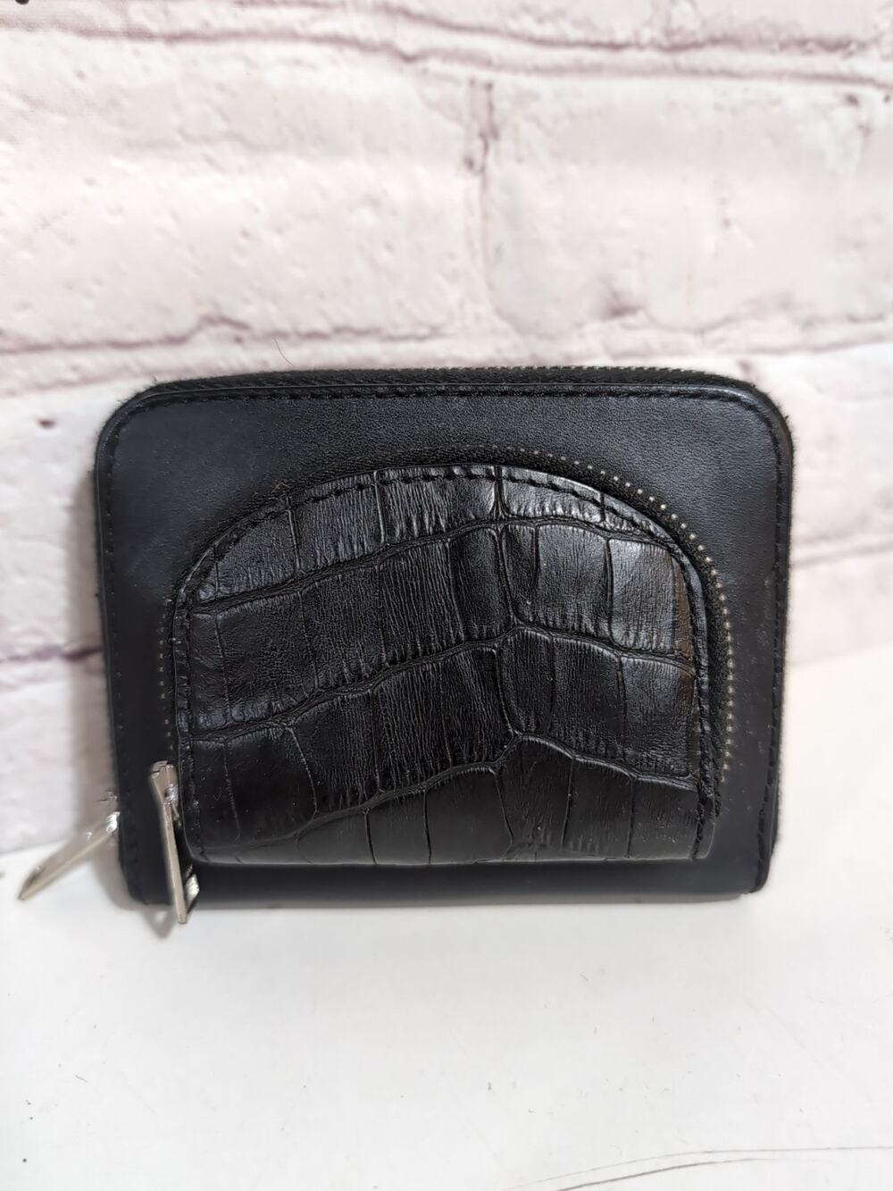 Alexander Wang Black Leather Zip-Around Compact Wallet Croc-Embossed Detail
